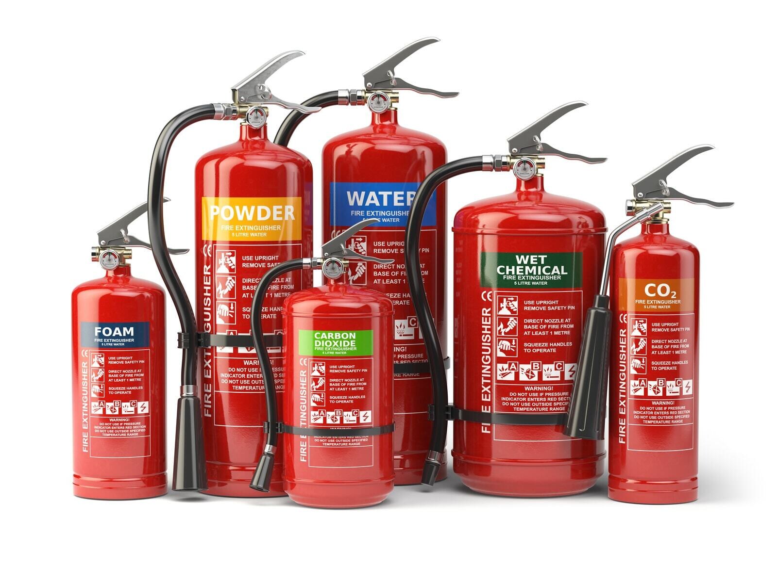 ABC Dry Powder, CO2, Water (Stored Pressure), Foam & Wet Chemical Extinguishers